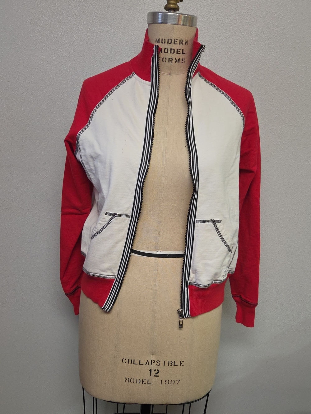 Oleg Cassini Sport Red and White Zip-Front Bomber Jacket
